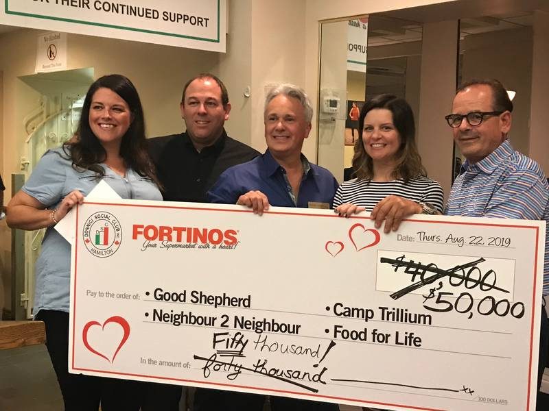 Cheque presentation. L to R: Carrie Arnold, Camp Trillium special events manager; Graham Hill, executive director, Food for Life; Michael Longval, director, personal giving, Good Shepherd; Robyn Knickle, director of development, Neighbour to Neighbour; Vince Scornaienchi, EVP, Fortinos